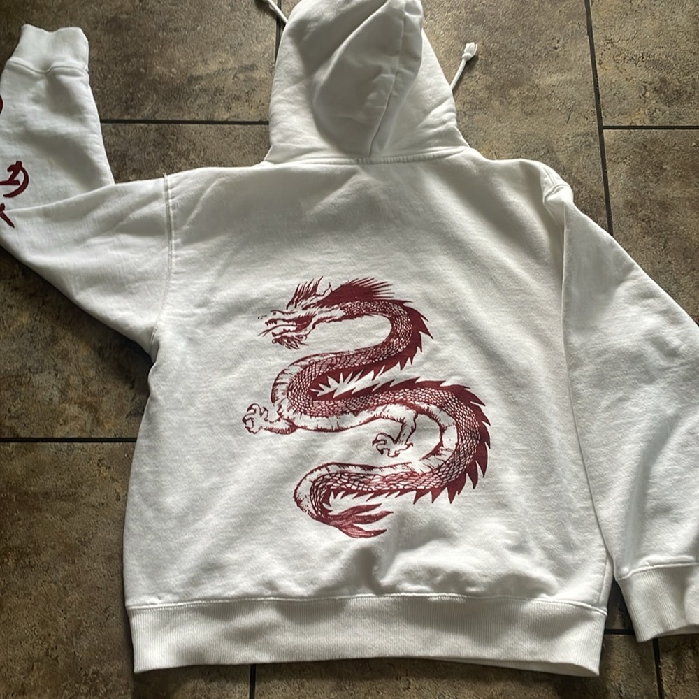 John Galt White Hoodie with Red Dragon Design